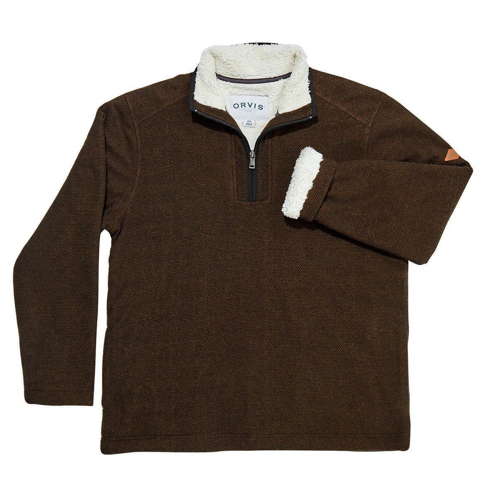 Orvis Men's XL Brown Fleece Lined 1/4 Zip Pullover Sweater Outdoor Warm Layer